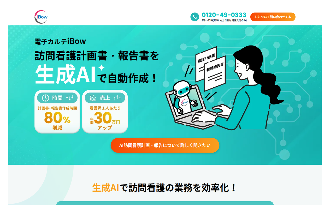 iBowのAI機能紹介ページ。生成AIによる訪問看護計画書・報告書のワンクリック自動作成を訴求する製品ページ