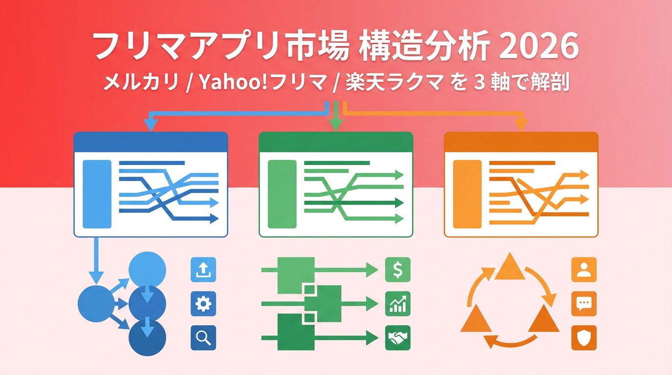 フリマアプリ市場 構造分析 2026 — メルカリ・Yahoo!フリマ・楽天ラクマの手数料・本人確認・出品 UX を徹底解剖