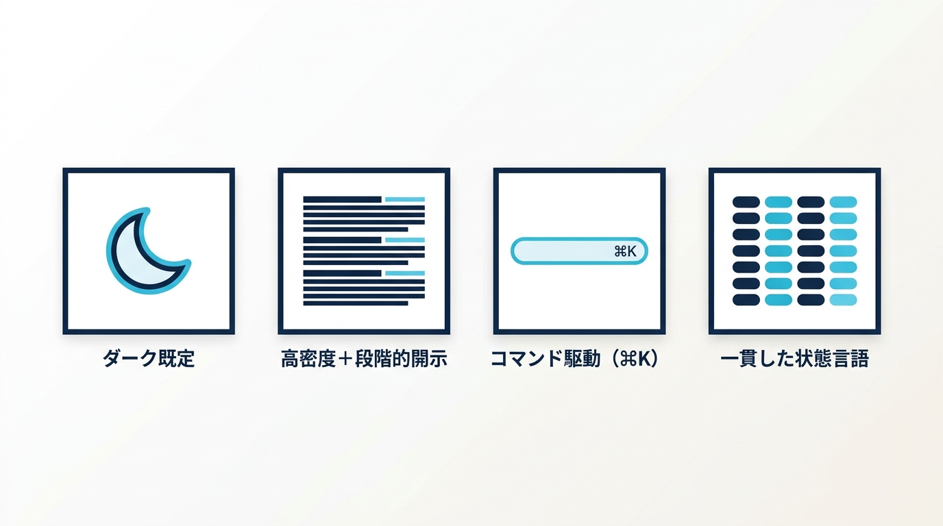 高密度ダッシュボード設計の4原則：ダーク既定・高密度と段階的開示・コマンド駆動・一貫した状態言語
