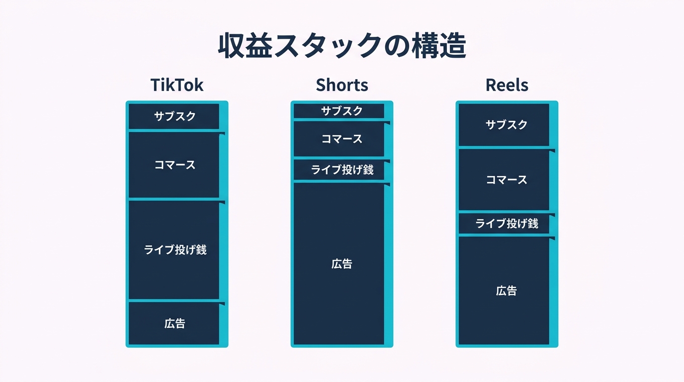 3 社の収益スタックの構造 — 広告・ライブ投げ銭・コマース・サブスクの構成対比