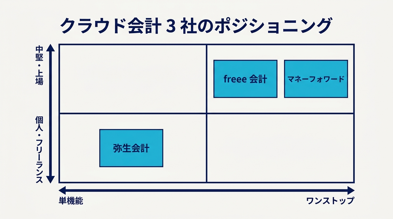 クラウド会計 3 社のポジショニング — freee / マネーフォワード / 弥生