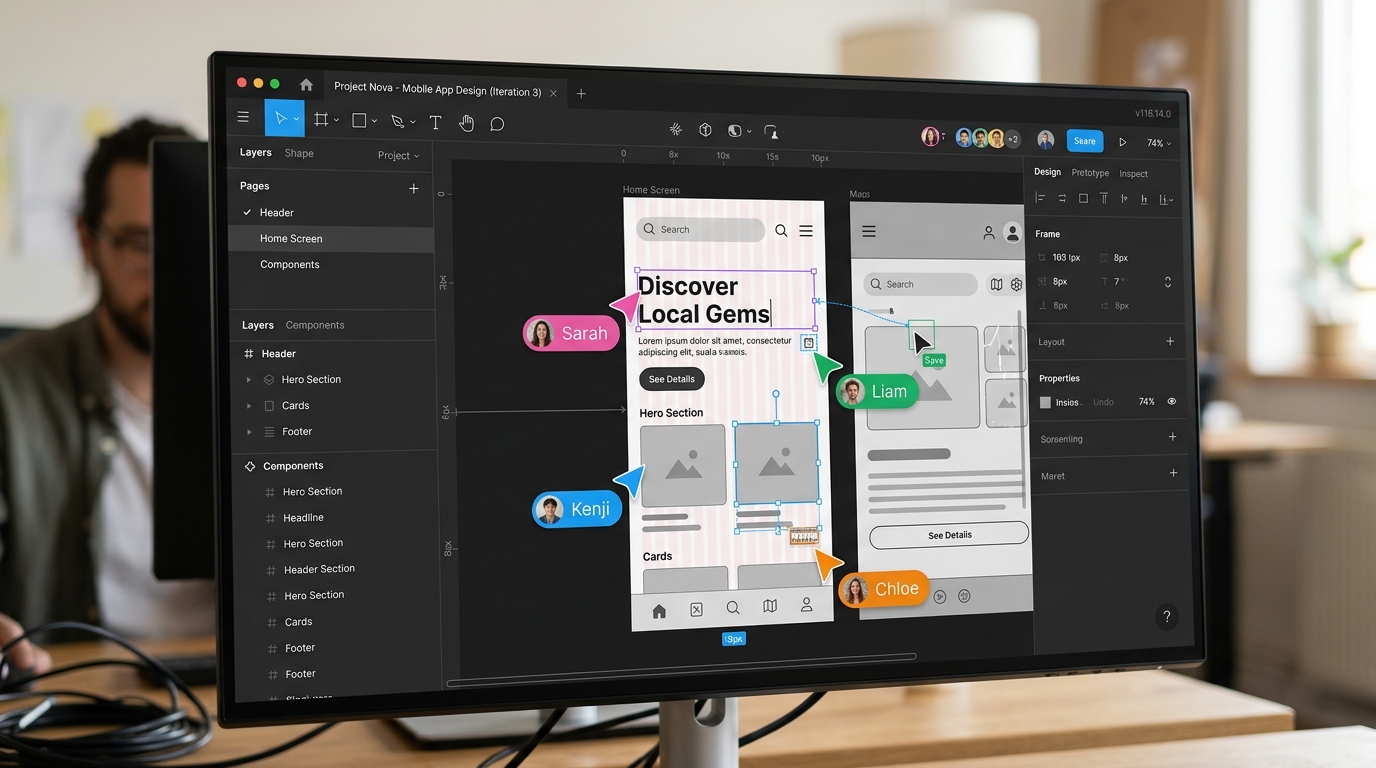 デザインツールFigmaの操作画面を模したイラスト。複数のカーソルが同時に動いており、チームでのリアルタイム共同編集の様子が表現されている。