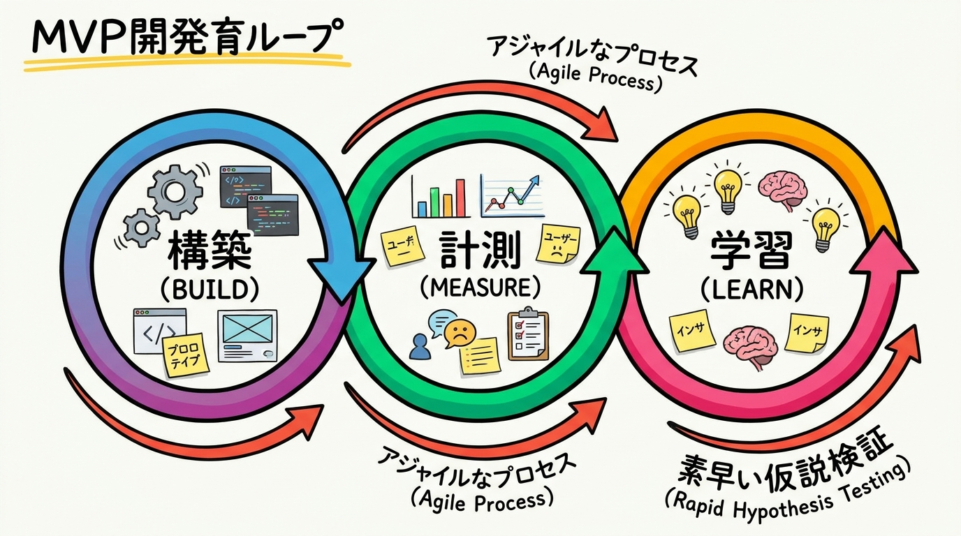 MVP開発における構築・計測・学習のサイクル図