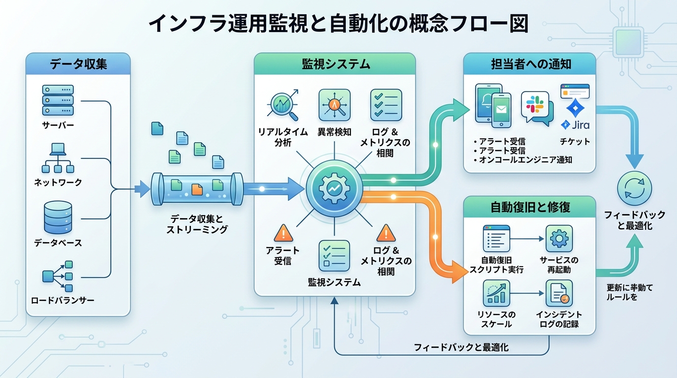 インフラ運用の監視体制と自動化の仕組みを示すフロー図