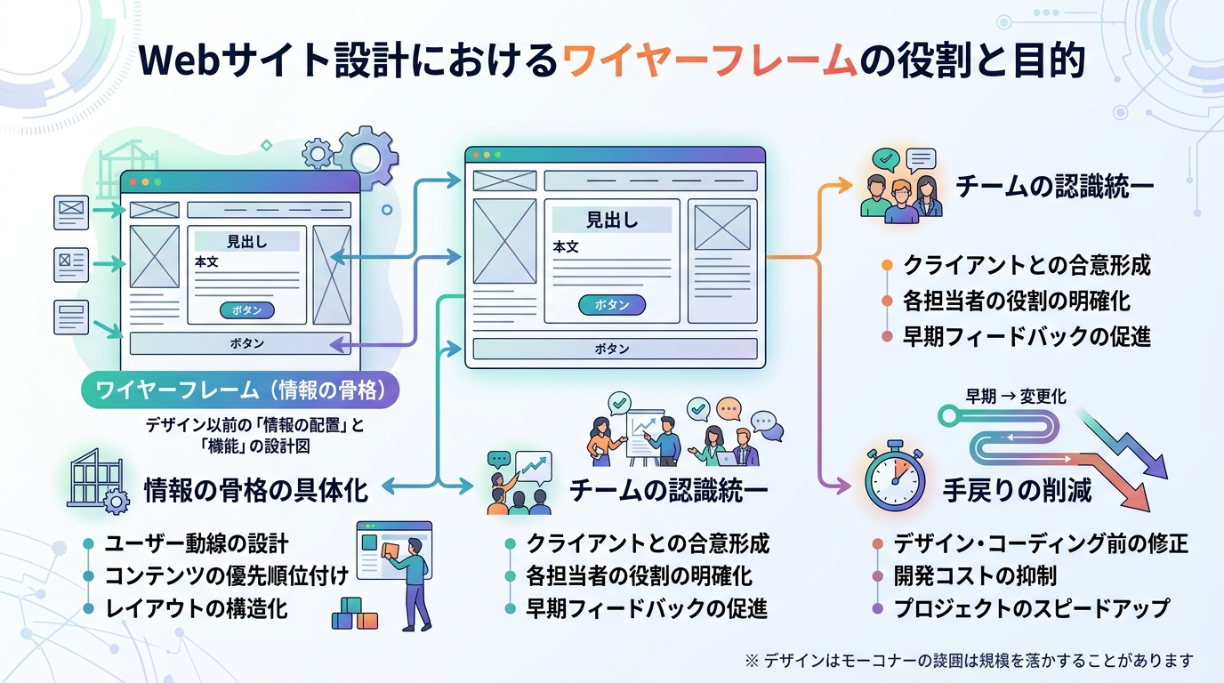 Webサイトやアプリの設計図であるワイヤーフレームの目的と役割を示すインフォグラフィック