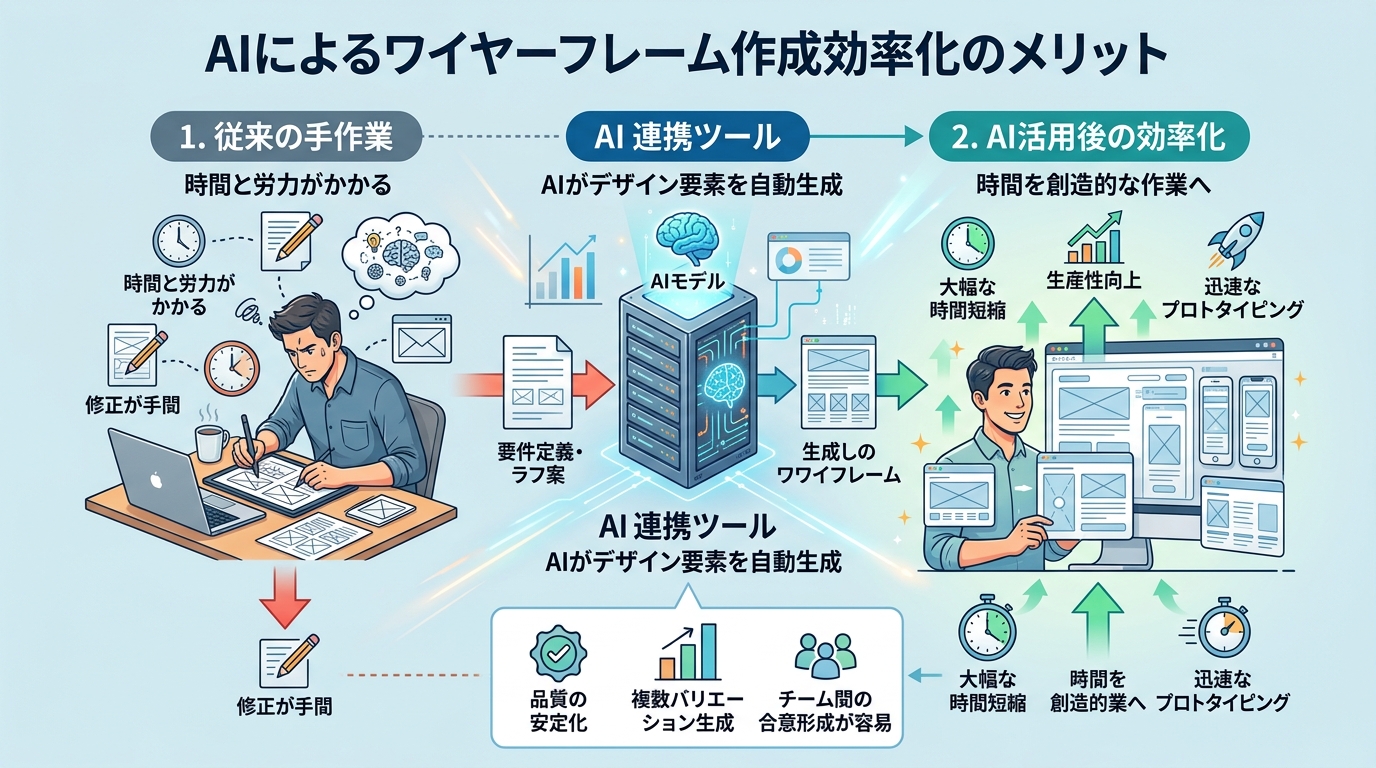 ワイヤーフレーム作成をAIで効率化するメリットの図解