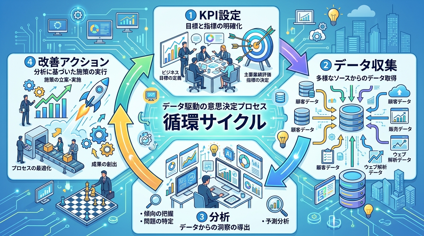 データ駆動によるプロダクト改善サイクルの図解