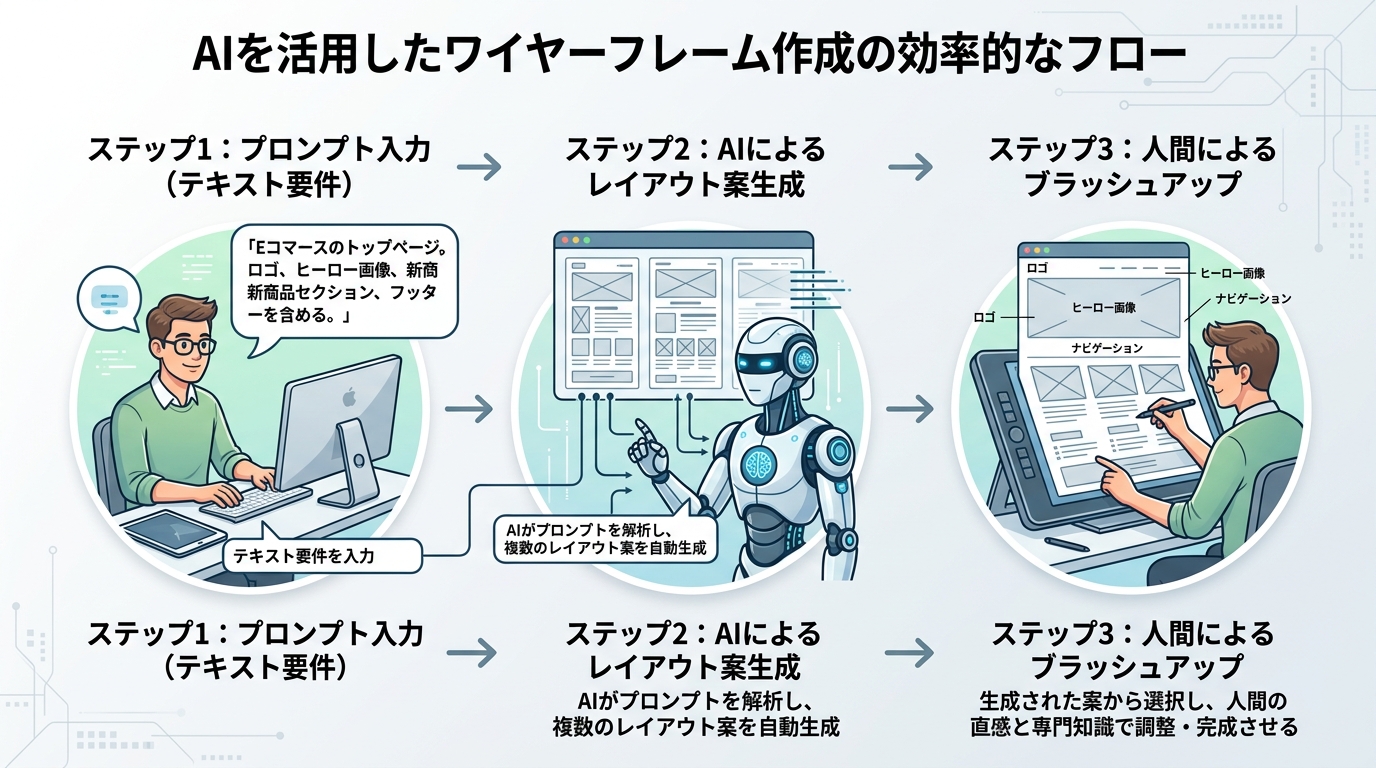 AIを活用したワイヤーフレーム作成の3ステップを示すフローチャート