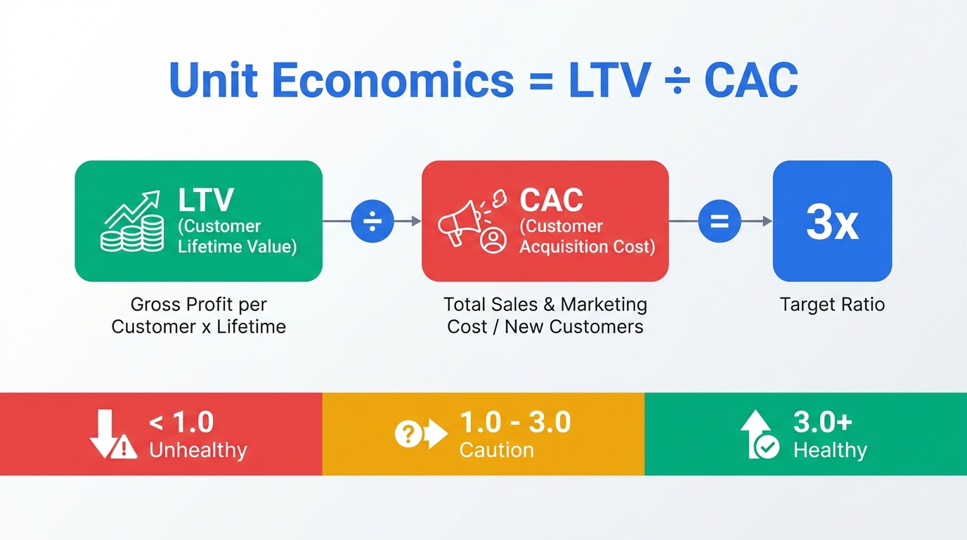 ユニットエコノミクス(LTV÷CAC)の構造と健全性の目安の図解
