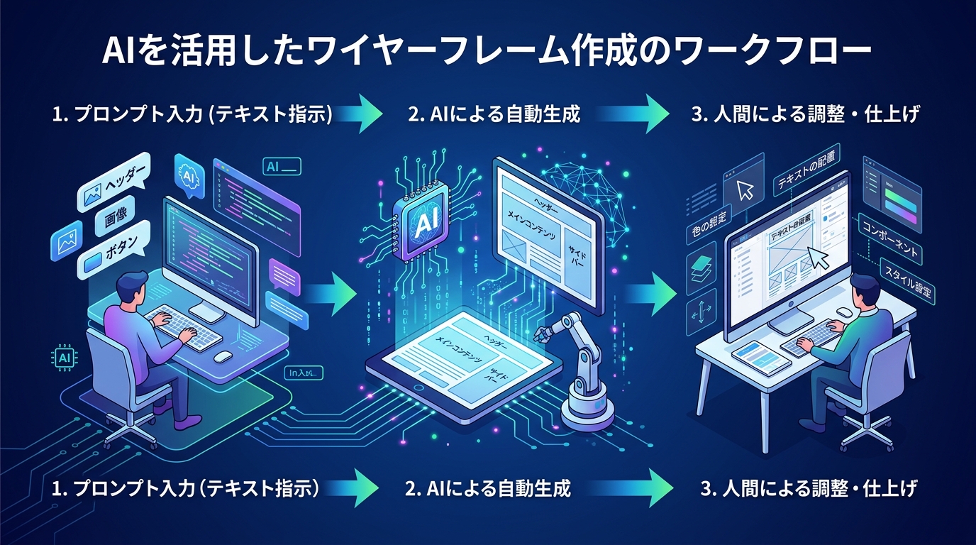 AIを活用してワイヤーフレームを高速で作成するワークフロー図。人間がAIにテキストで指示を出し、AIが自動でレイアウト案を生成、最後に人間がその案を洗練させるという流れが描かれている。