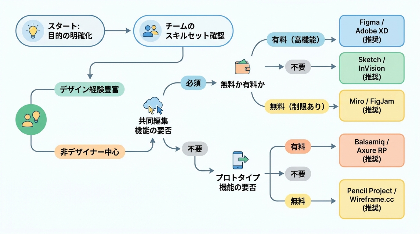 ワイヤーフレームツールを選定する際の思考プロセスを示したフローチャート。目的の明確化からチームでの共有、ツールの機能比較へと流れる様子が描かれている。