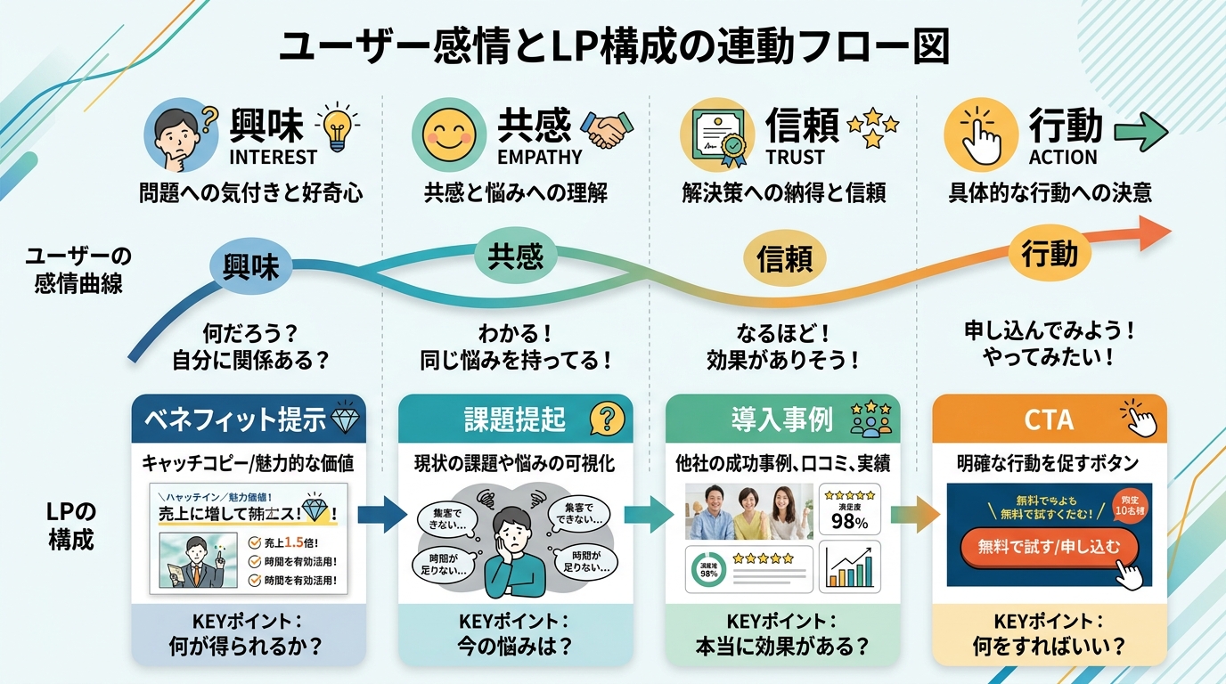 ユーザー心理とLP構成の連動を示すフロー図