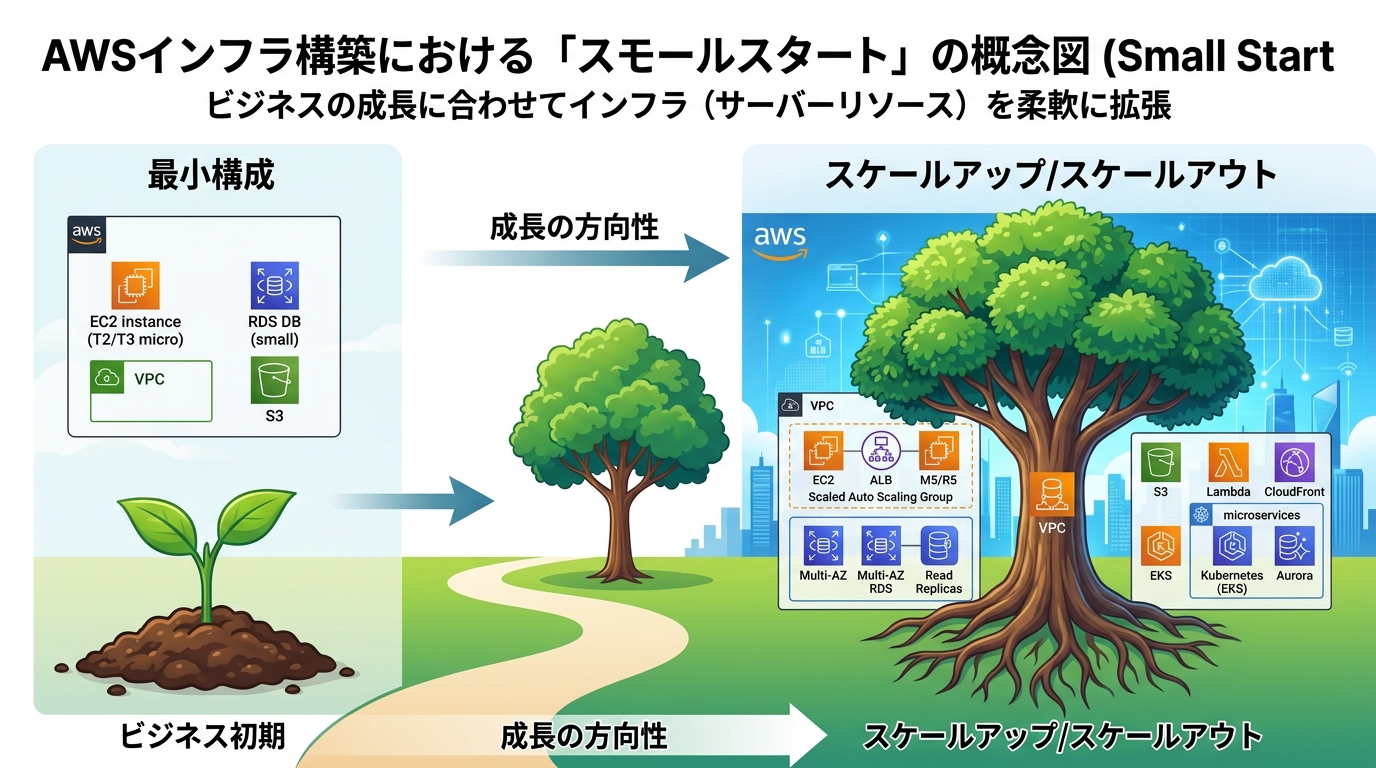 AWSインフラのスモールスタートと拡張性の概念図