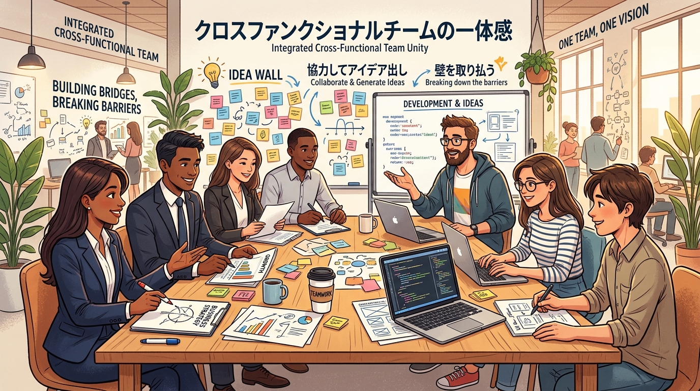 ビジネスと開発が一体となったクロスファンクショナルチームのイラスト