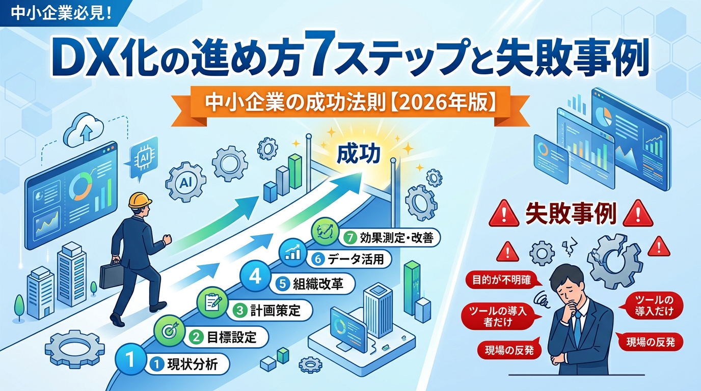 DX化の進め方7ステップと失敗事例｜中小企業も使える成功法則【2026年版】