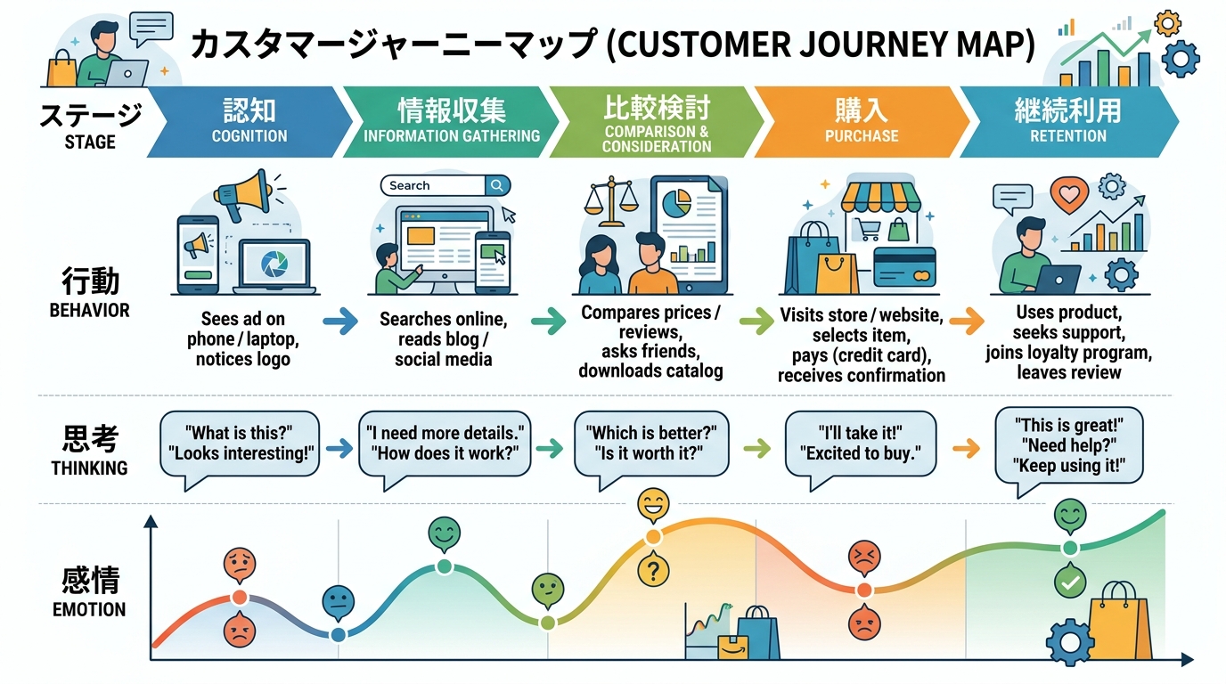 カスタマージャーニーマップのテンプレートを用いて顧客接点を可視化するイメージ