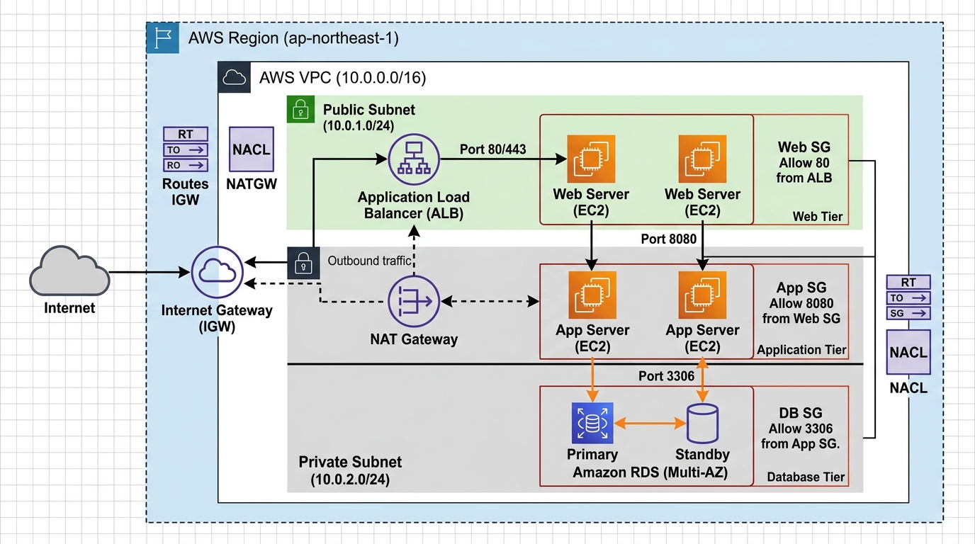 AWSのVPCにおける3層アーキテクチャのネットワーク構成図