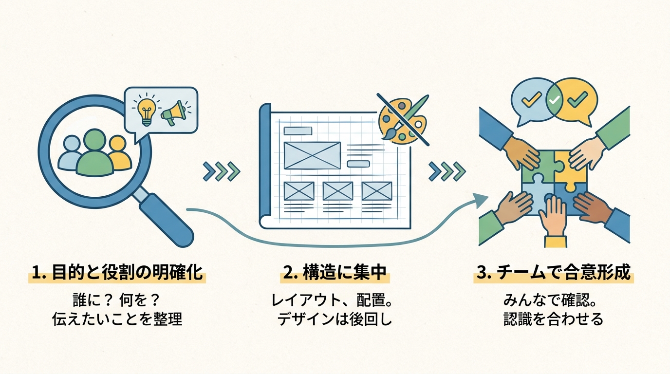 ワイヤーフレーム作成の3つの重要なポイントを示す図解。「目的の明確化」「骨組みに集中」「チームで共有」という3つの要素がアイコンと共に描かれている。