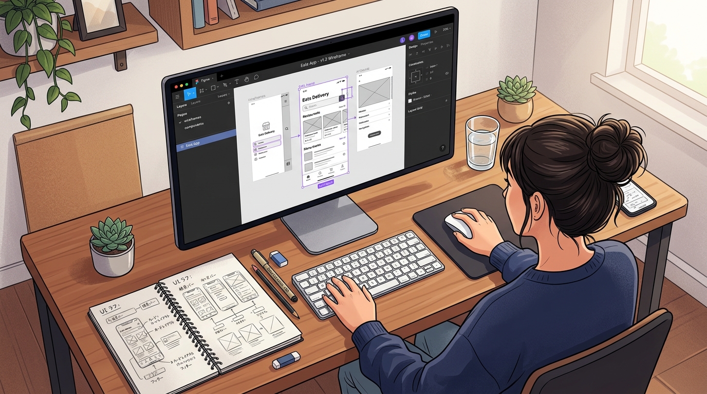 PCの画面上でFigmaなどのデジタルツールを使い、手書きラフを基にワイヤーフレームを清書している様子のイラスト