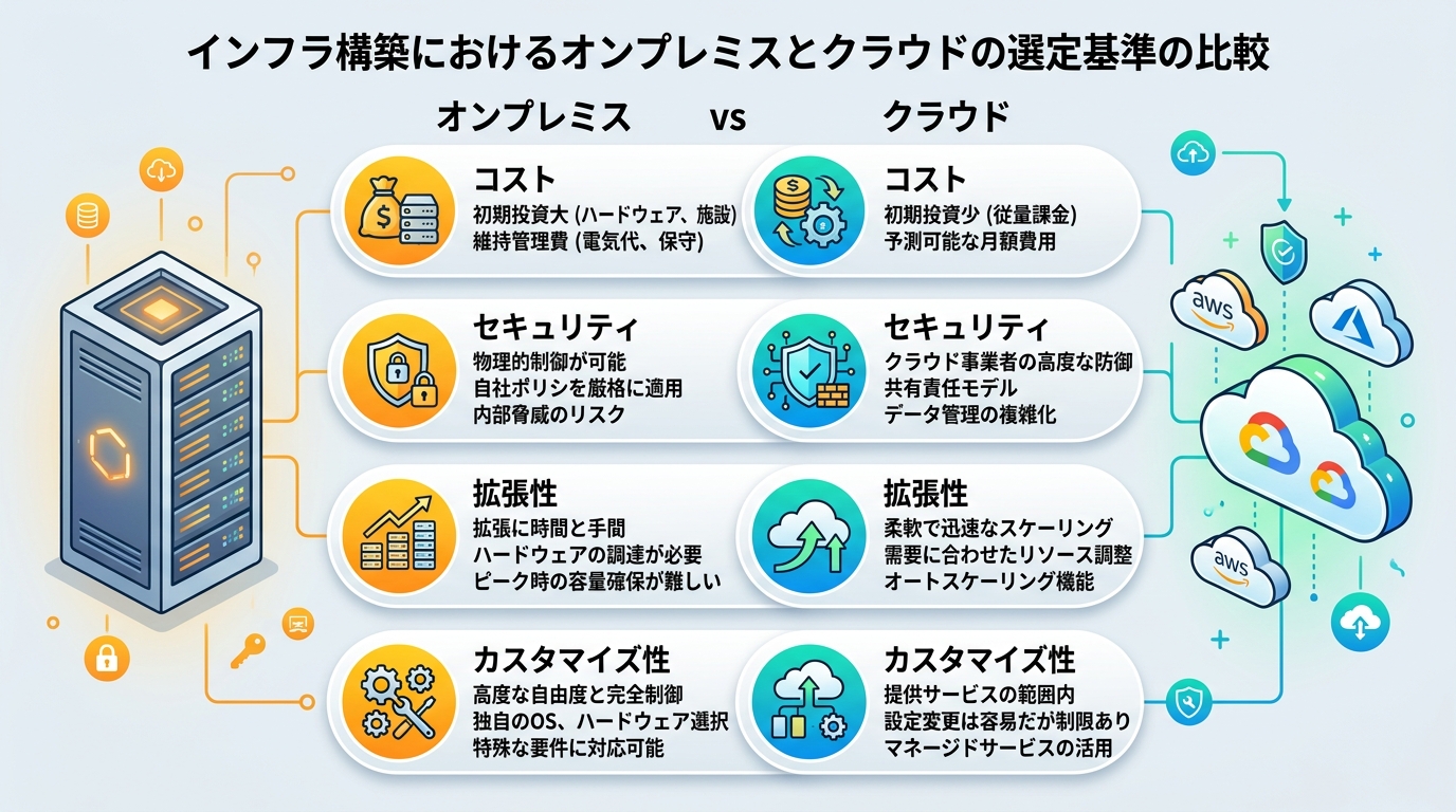 オンプレミスとクラウドのインフラ構築における特徴を比較したインフォグラフィック
