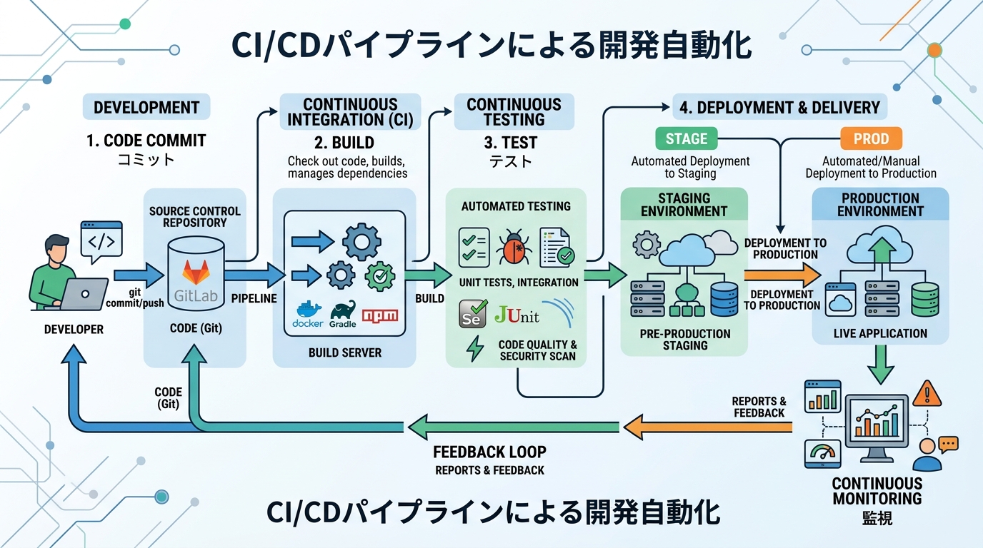 CI/CDパイプラインによる開発プロセスの自動化フローチャート
