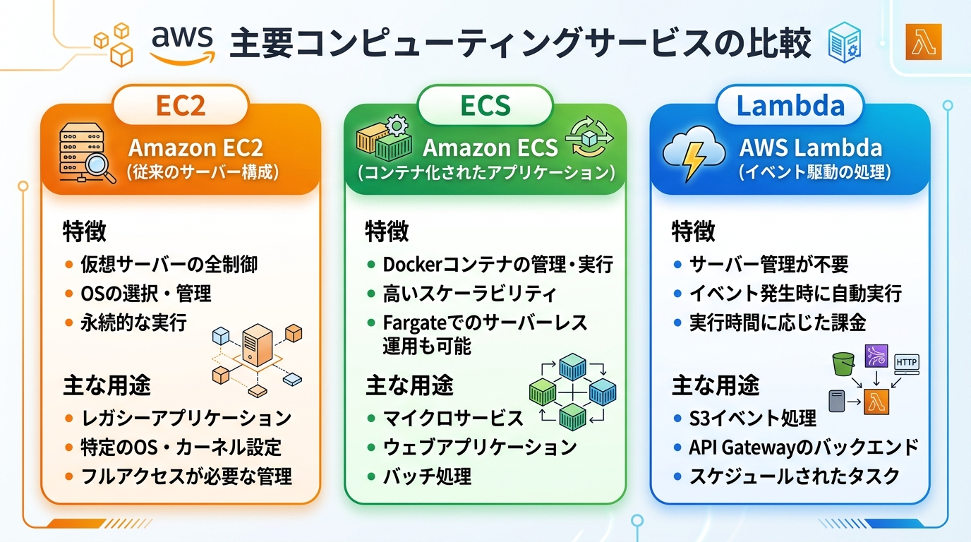 AWSのコンピューティングサービスEC2・ECS・Lambdaの使い分けを示した図解