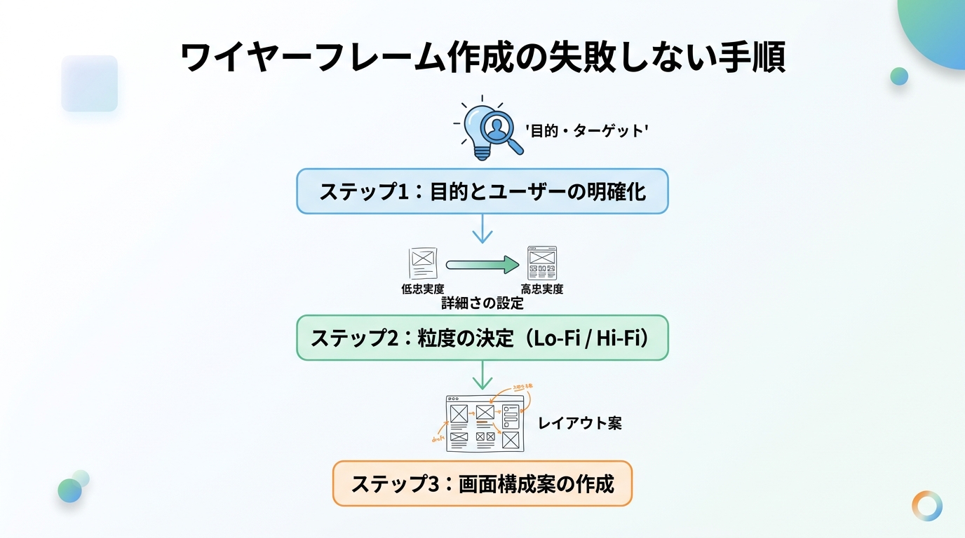 失敗しないワイヤーフレーム作成の3ステップを示すフローチャート
