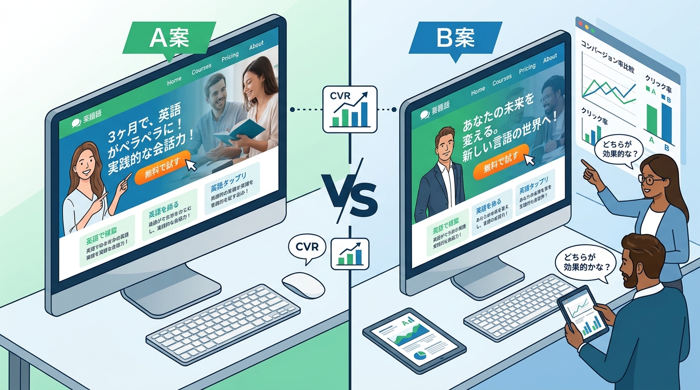 LPのABテストでキャッチコピーを比較しているイラスト