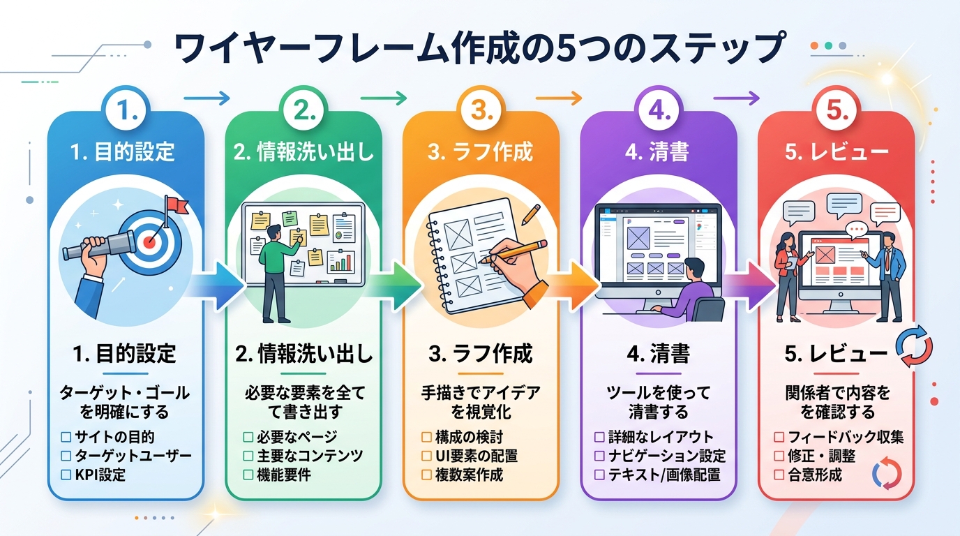 ワイヤーフレーム作成の5つのステップ(目的設定→情報洗い出し→ラフ作成→清書→レビュー)を示すフローチャート