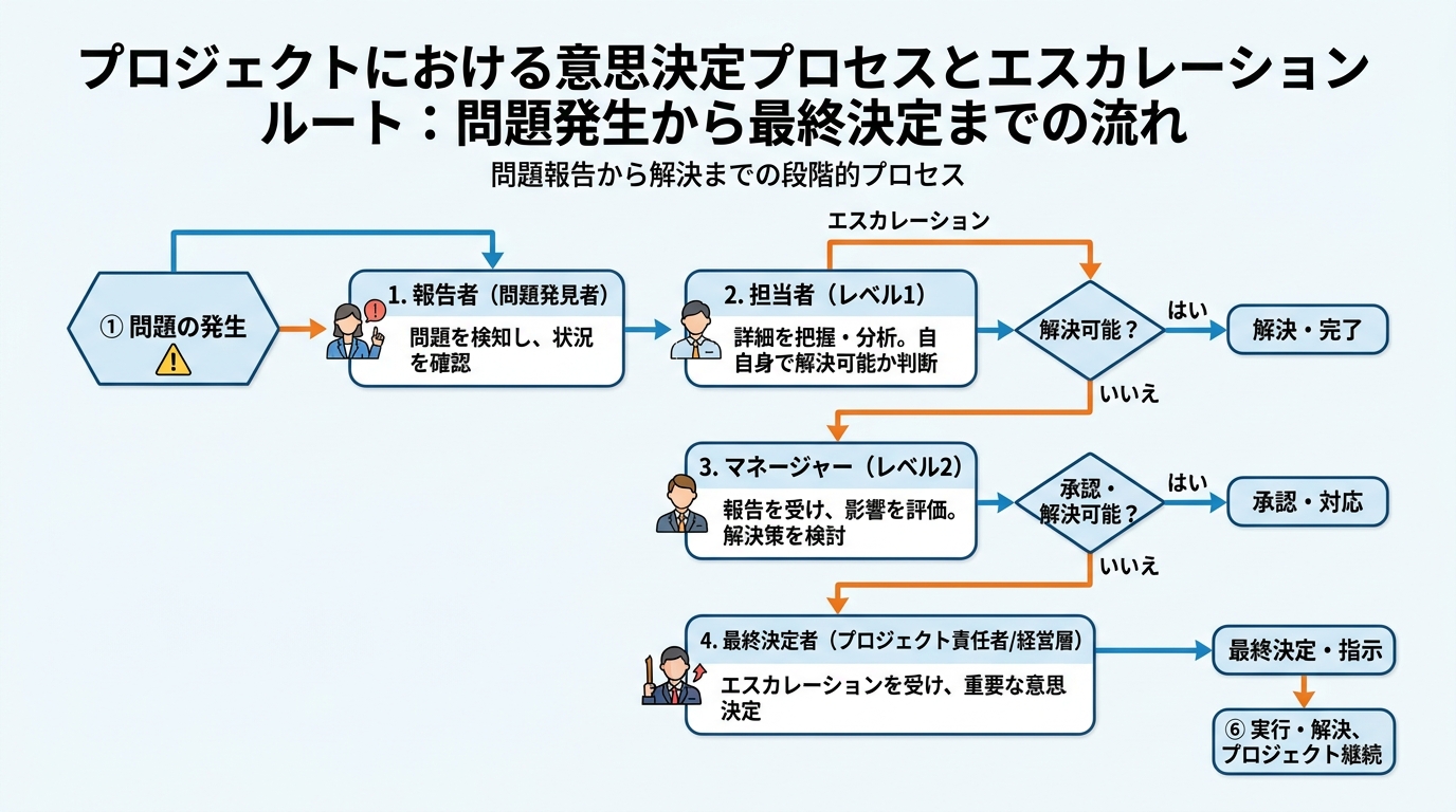 プロジェクトにおける意思決定プロセスとエスカレーションルートを示すフローチャート図