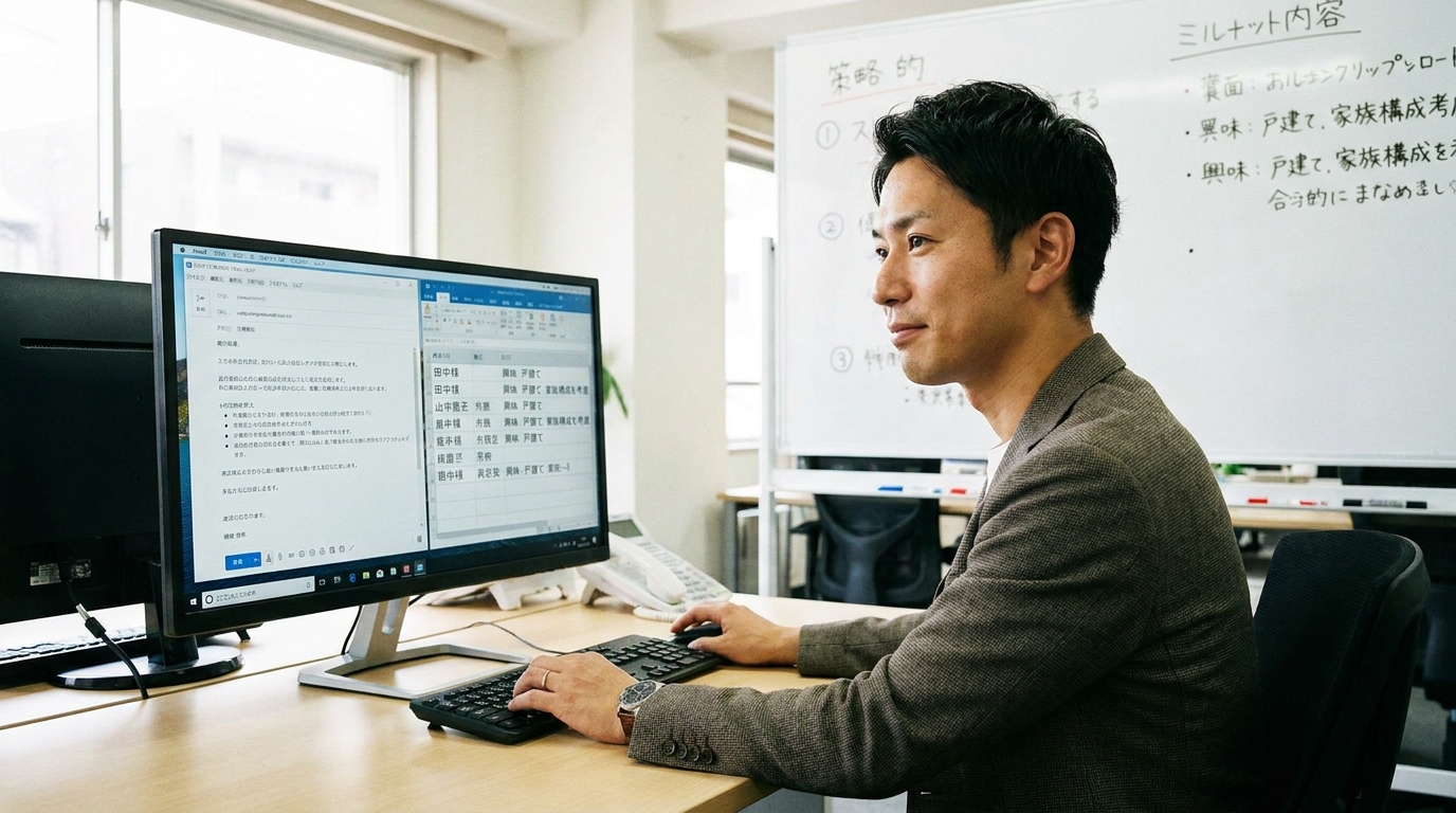 戦略的に不動産追客メールを作成する営業担当者