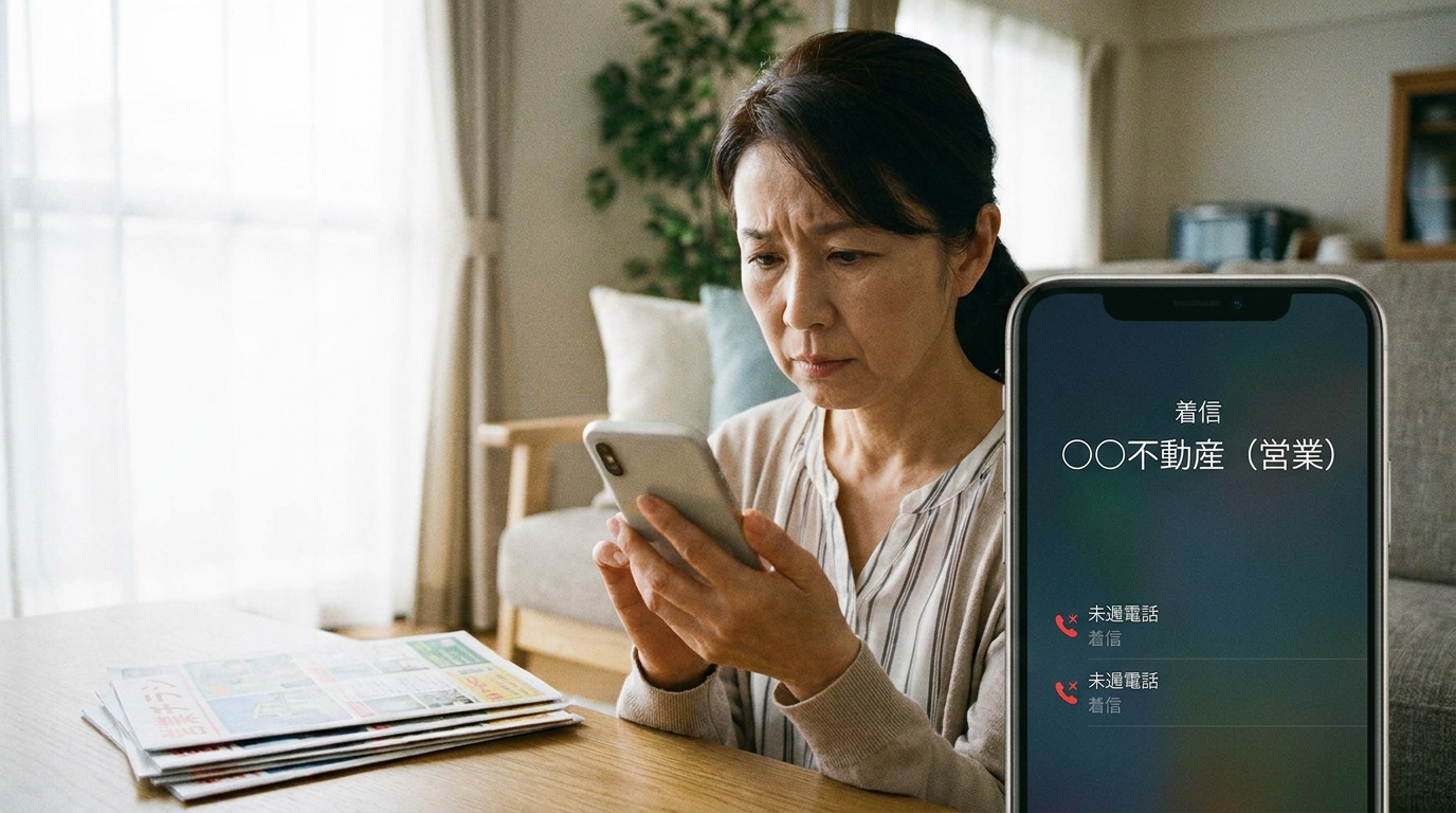 不動産営業の追客電話において、頻繁な架電で顧客が困惑する様子を表したイメージ
