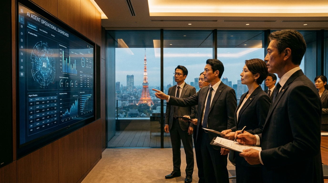 大企業の経営層がAIエージェント本番稼働の意思決定を行う会議室