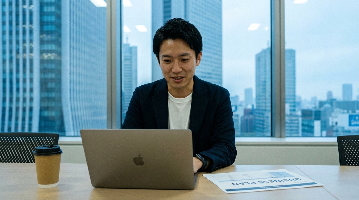 スタートアップ起業家がオフィスで投資家ピッチに向け真剣に検討するシーン