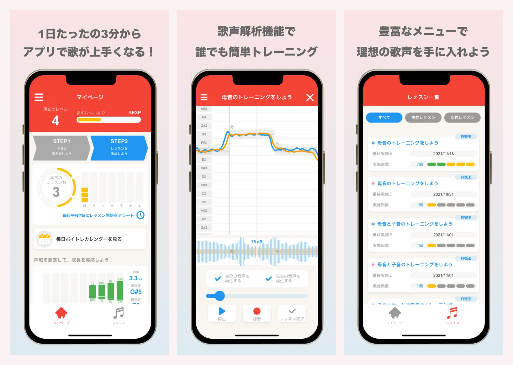 毎日ボイトレの主要画面(マイページとレベル・歌声解析トレーニング・レッスン一覧)
