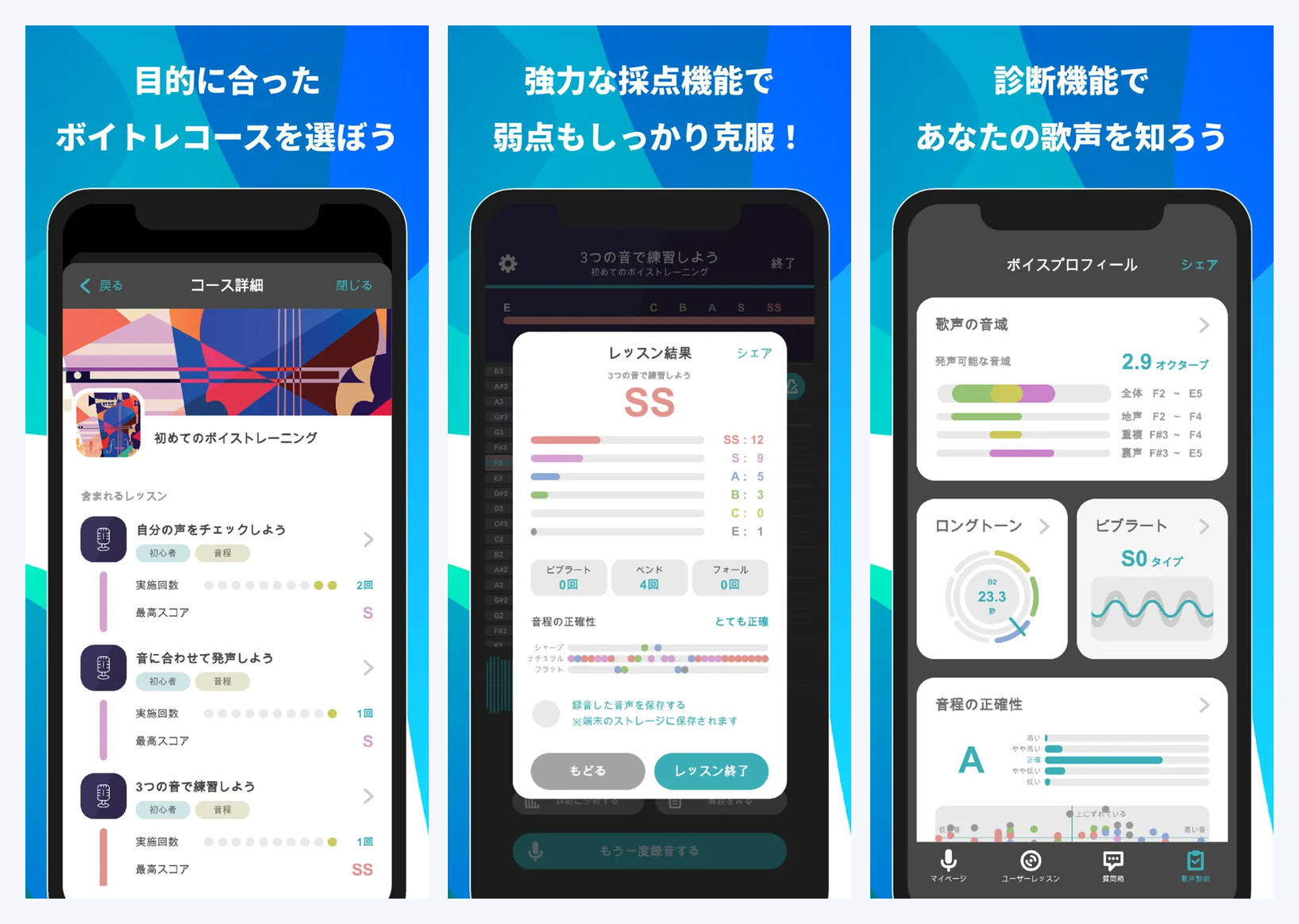 Voickの主要画面(ボイトレコースの選択・レッスンの採点結果・歌声診断のボイスプロフィール)