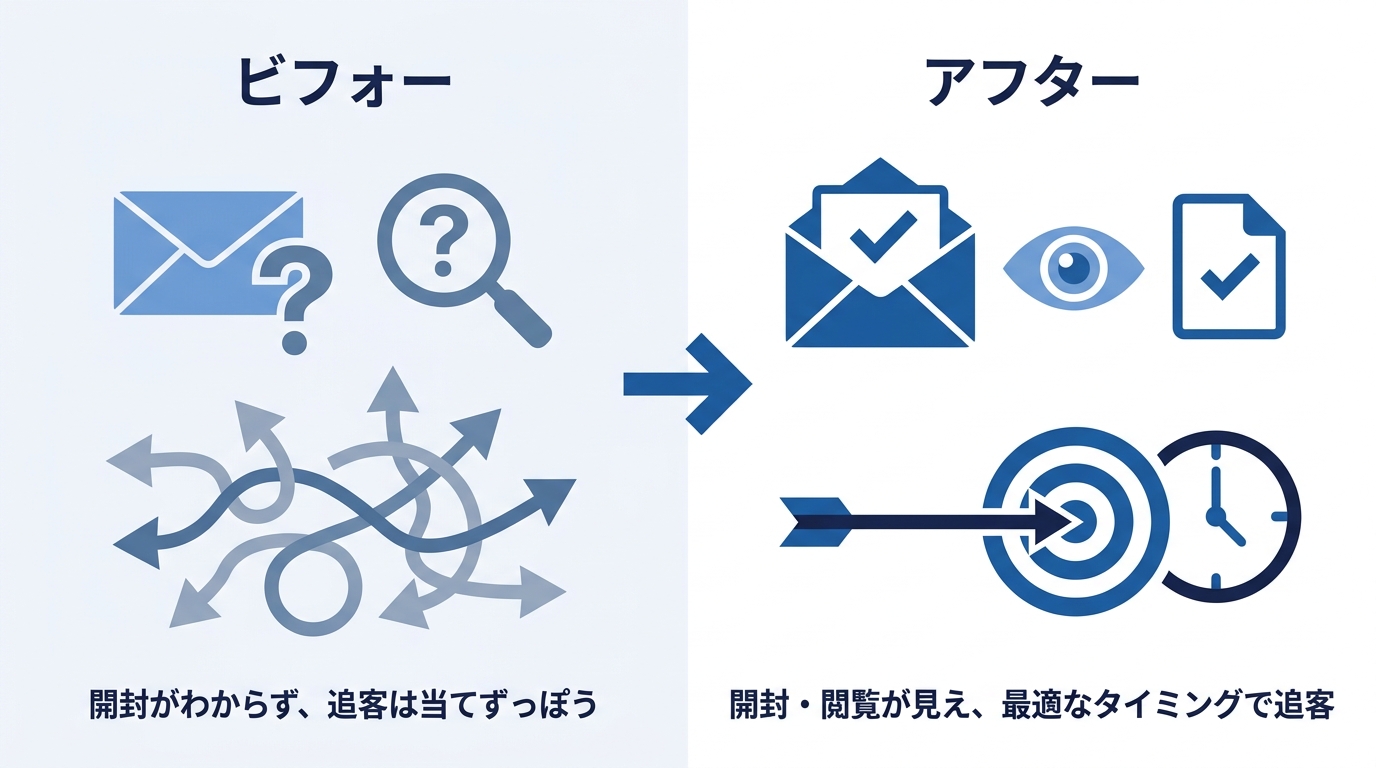 送りっぱなしから最適タイミング追客へのビフォーアフター図解