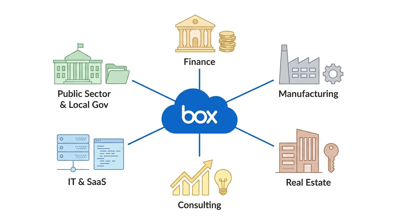 業界別 Box AI 活用マップ:金融・製造・不動産・コンサル・IT・公共の用途を示す図解
