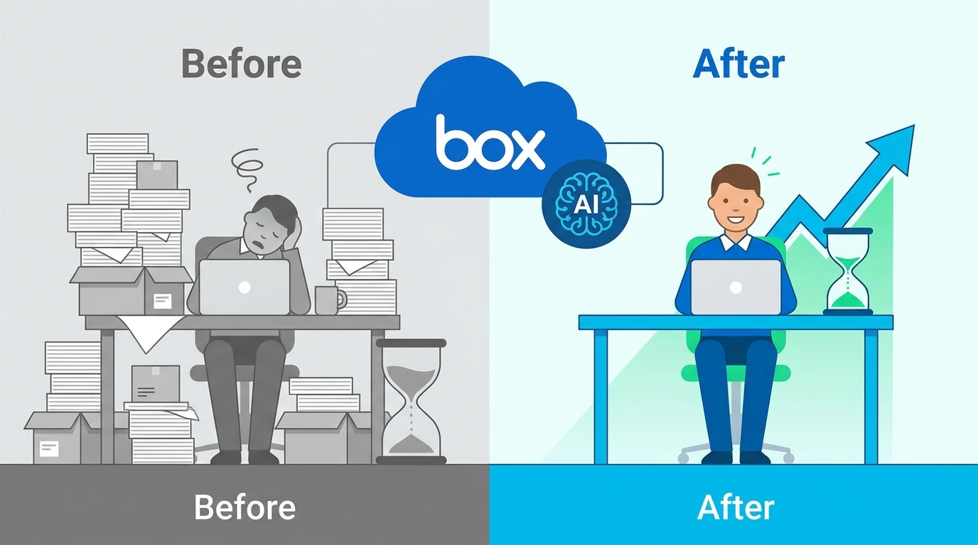 Box AI 導入前後で業務時間が大幅に短縮される ROI イメージ図解